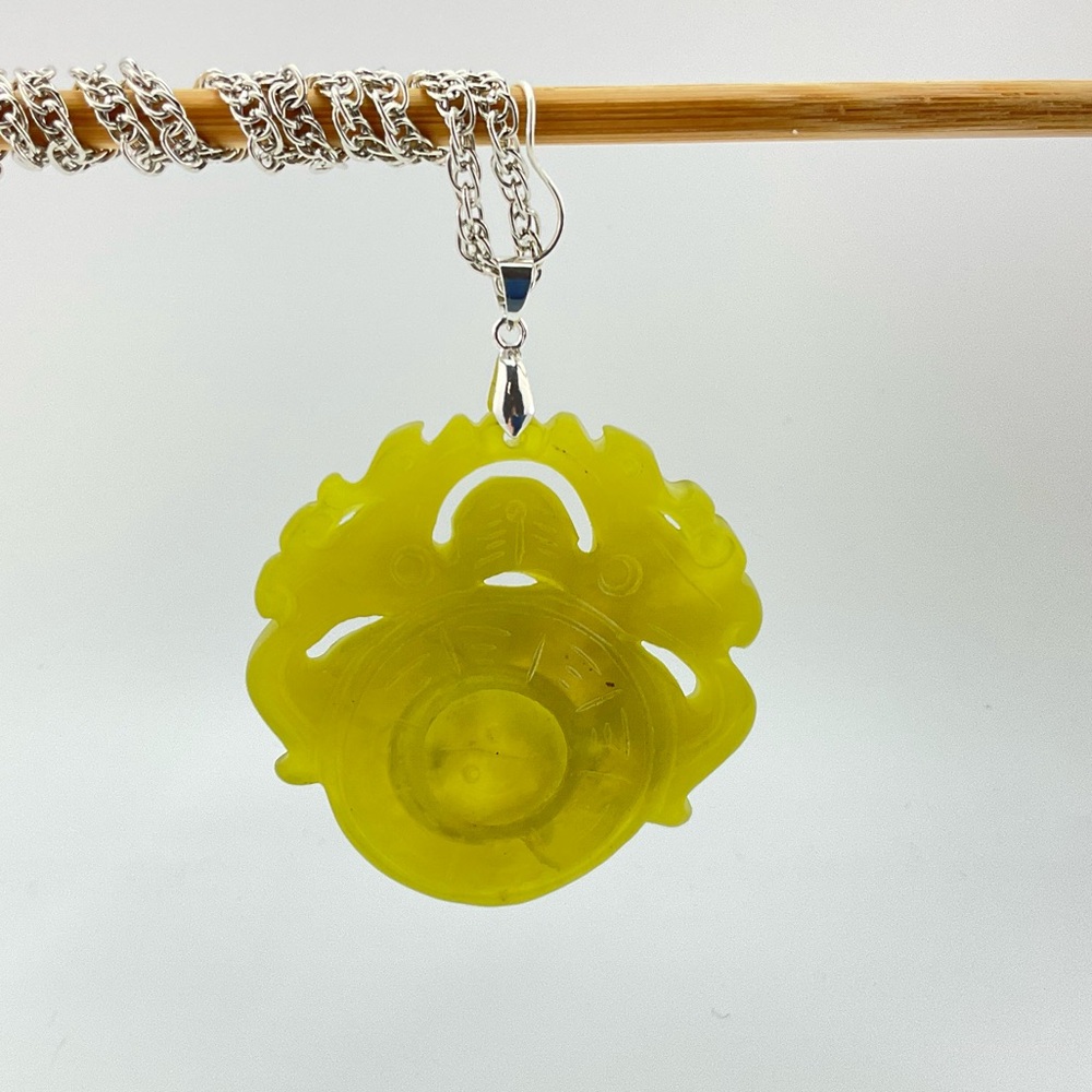 New Jade Dragon Spinner Pendant, Handmade, Yellow Green Jade, Unisex, 24" L - Picture 8 of 10